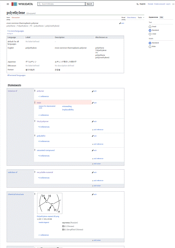 Wikidataでポリエチレンを検索した画面